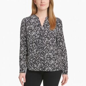 Calvin Klein Womens Black Geometric Cuffed V Neck Button up Top Size S